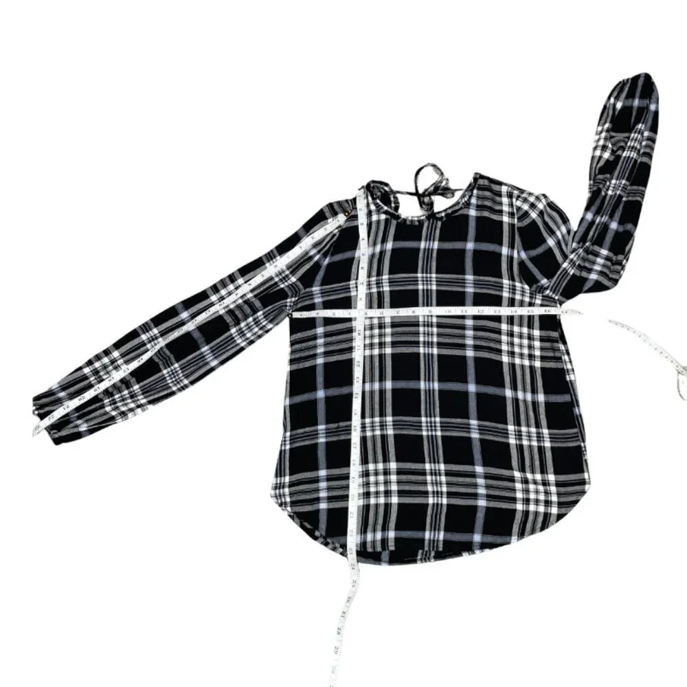 LOFT Dark Academia Plaid Ruffle Neck Tie Back Blouse XS